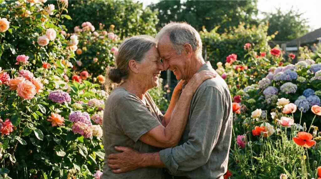 Casal idoso feliz e abraçado em um jardim colorido, exemplificando o Amor Consumado, o objetivo final entre os tipos de amor estudados pela psicologia.