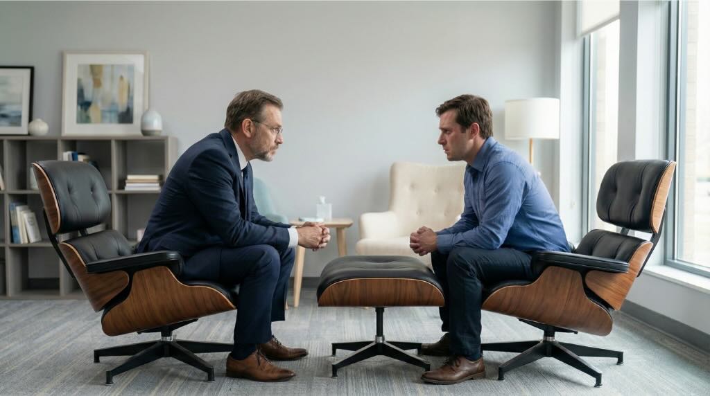 Consultório de terapia sexual para homens. Terapeuta e paciente homem se olham numa sessão..