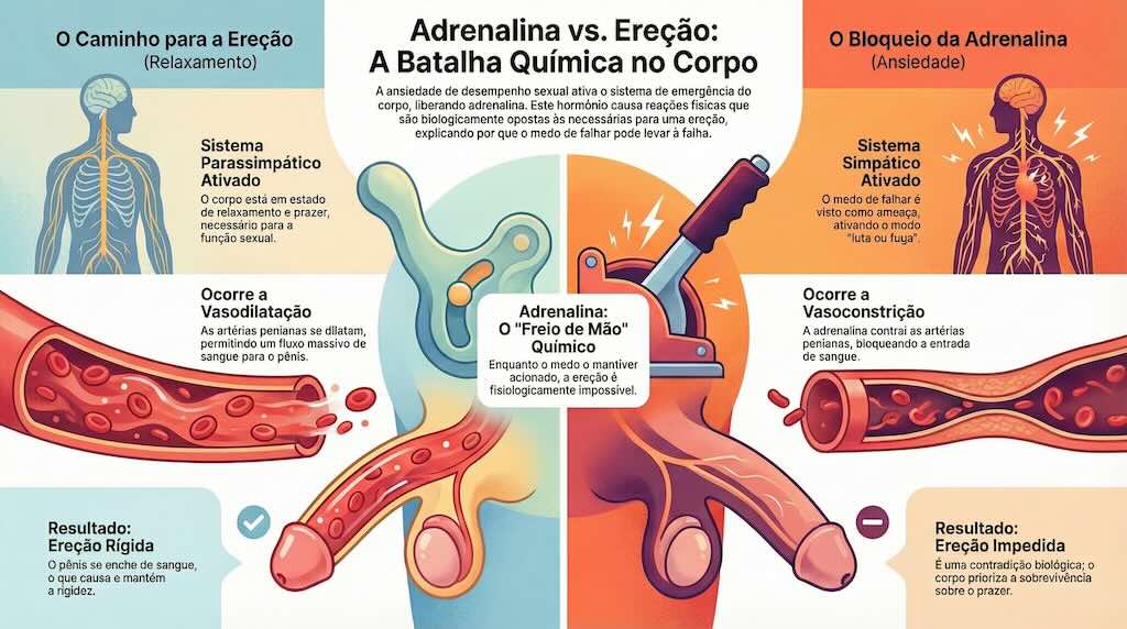 Quadro explicativo sobre a ação da adrenalina produzida por situação de ansiedade e a consequência do impedimento da ereção.
