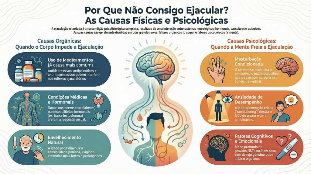 Infográfico sobre causas orgânicas e psicológicas da Ejaculação Retardada.