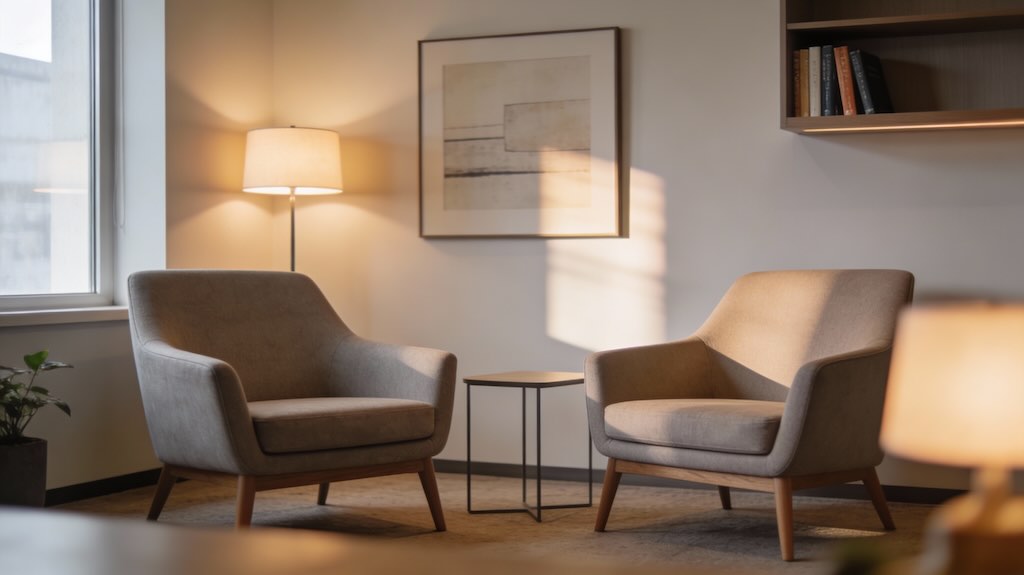 Consultório padrão de um psicólogo e terapeuta sexual, com poltronas e mobiliário.