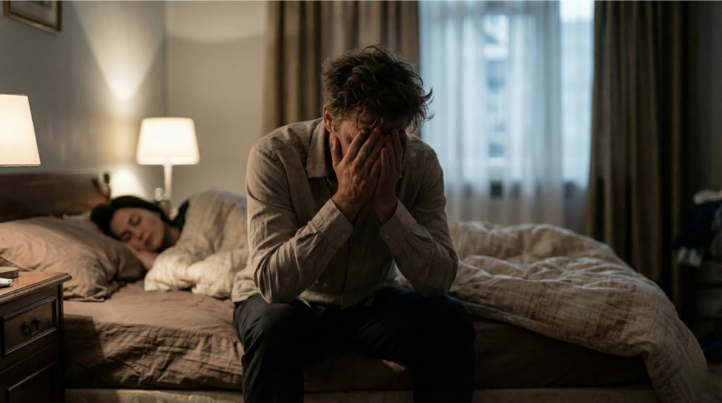 Homem sentado na cama demonstrando frustração e exaustão, ilustrando a dificuldade de ejacular e a ejaculação retardada.