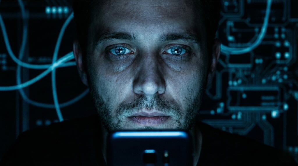 Rosto de homem iluminado por tela de celular, representando o impacto da pornografia e superestimulação digital no tempo de ejaculação.