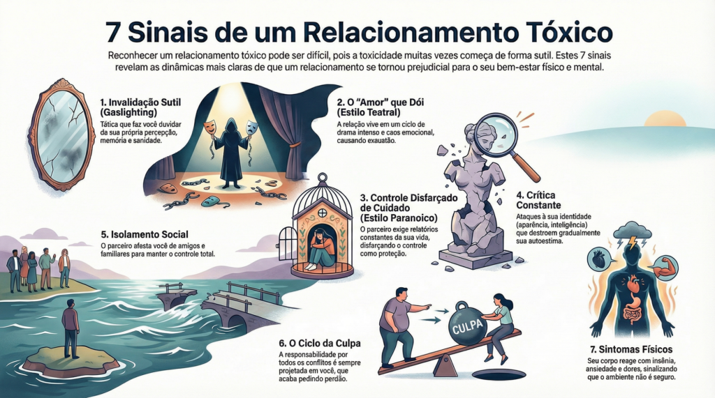 Infográfico ilustrativo listando os 7 sinais de alerta de um relacionamento tóxico, incluindo ícones para gaslighting, controle excessivo e isolamento social.