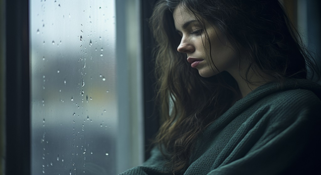 Mulher com expressão de dúvida e tristeza olhando pela janela, refletindo sobre o sofrimento e os sinais de um relacionamento tóxico e o desgaste emocional.