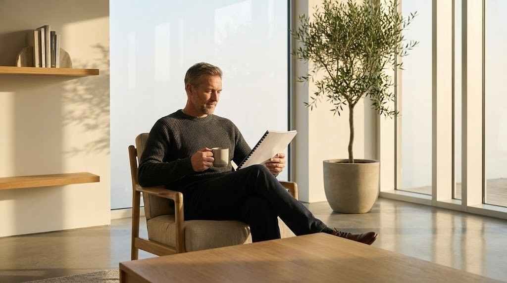 Executivo em casa, numa manhã de sol. Revela estar gerenciando a fadiga de decisão.