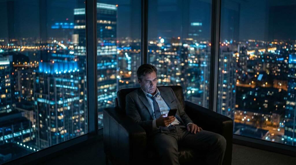 Executivo sozinho no seu office tarde da noite. Cansado, sem clareza, com fadiga de decisão.